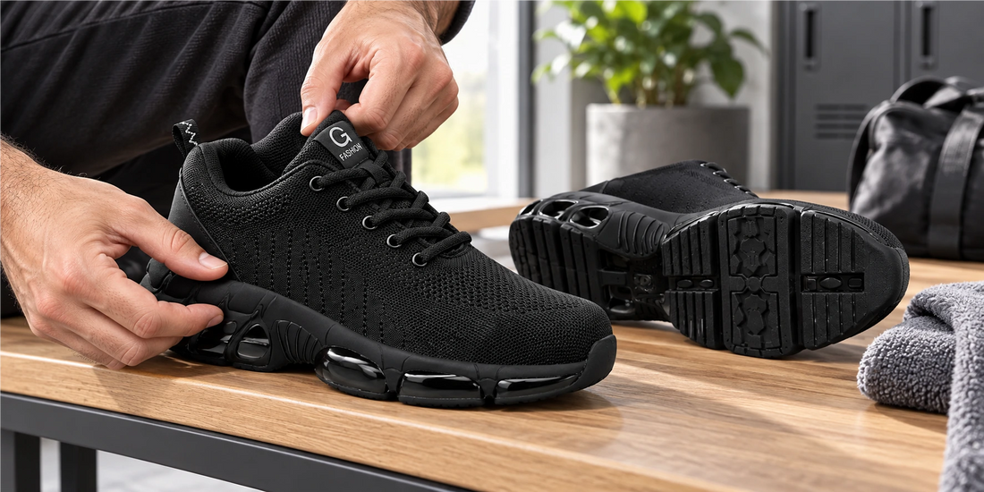Schwarzer Core S1 Sicherheitsschuh mit sichtbarem Obermaterial, Kragen und Sohlenprofil