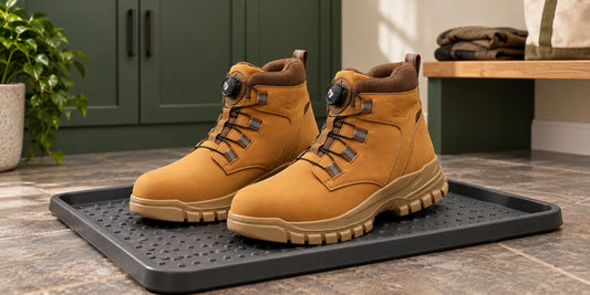 Braune IronGuard Arbeitsstiefel mit Drehverschluss auf einer Schuhablage in einem aufgeräumten Hauswirtschaftsraum