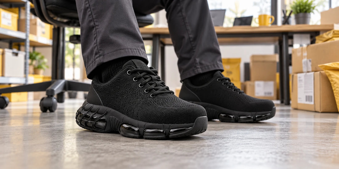 Schwarze Core S1 Schuhe an den Füßen einer erwachsenen Person im Versandbüro