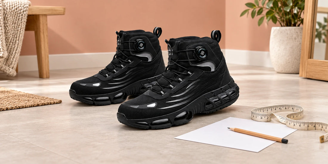 Schwarze Titan Pro Stiefel mit Drehverschluss neben Papier und Maßband zur Vorbereitung der Größenwahl