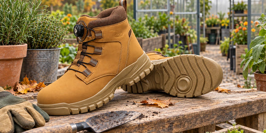 Braune IronGuard Sicherheitsstiefel auf einem Arbeitstisch im Gewächshaus
