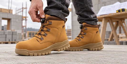 Braune IronGuard Sicherheitsstiefel bei der Vorbereitung eines Bautags