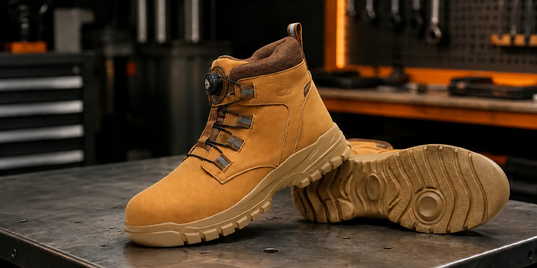 Braune IronGuard Sicherheitsstiefel auf einer industriellen Werkbank