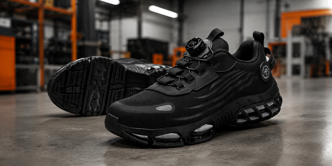 Schwarze PowerSchuh Vortex Pro Sicherheitsschuhe mit sichtbarem Drehverschluss in einer Werkstatt